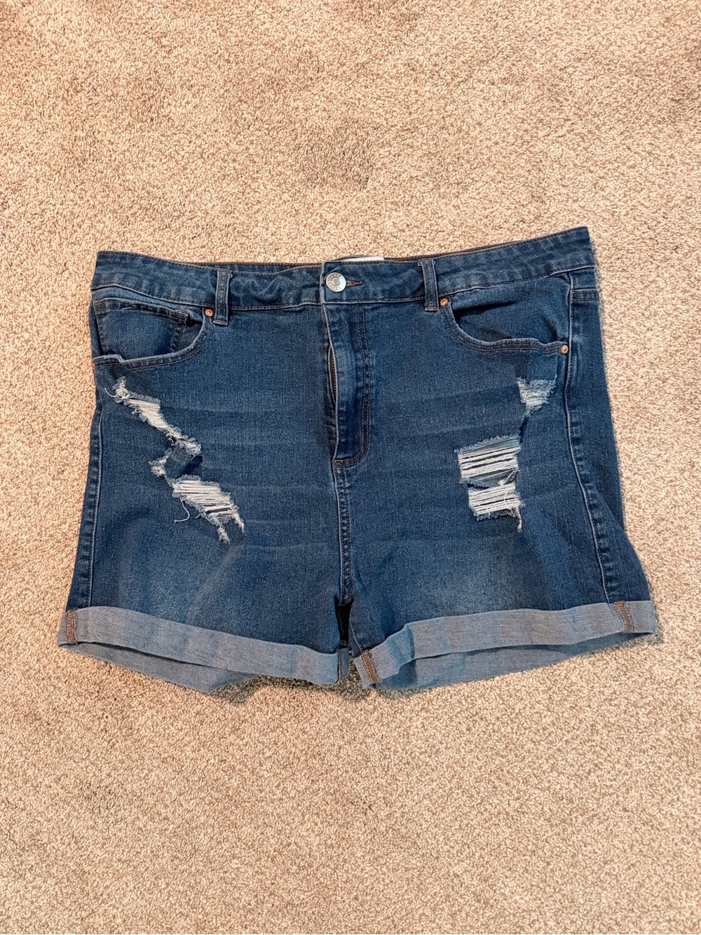 refuge Dark Blue Distressed Rolled Hem Denim Shorts